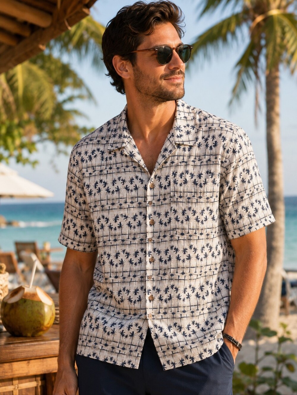 Rpundtree & York Men's Short-Sleeve Palm Print Shirt - Cream/Navy 2XLT